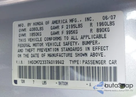 2007 Honda Accord 2.4 Lx из США, поврежденный, VIN 1HGCM72337A019942